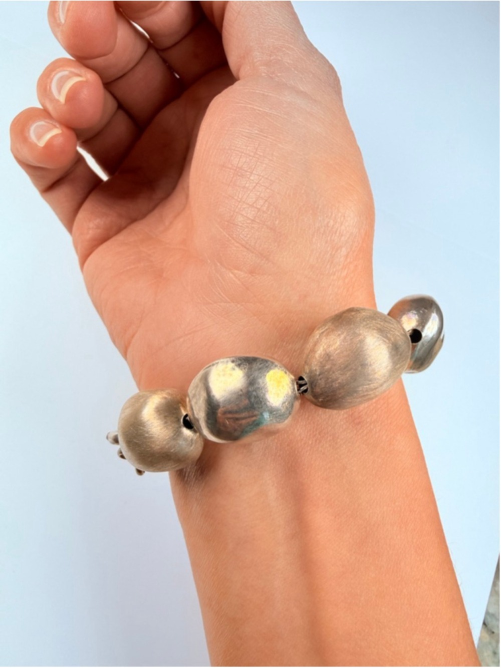 Avant Garde Large Pebble Nugget Polished & Matte Bead Sterling 950 Bracelet - Picture 3 of 12